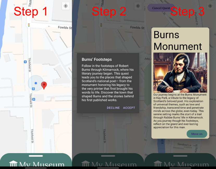 Various main game screens for HistoryHike