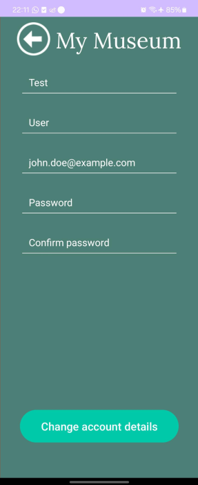 Account details screen for HistoryHike