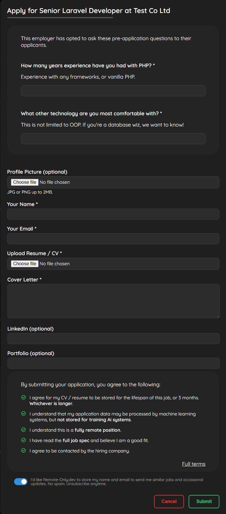 Job Application screen for Remote-Only.dev