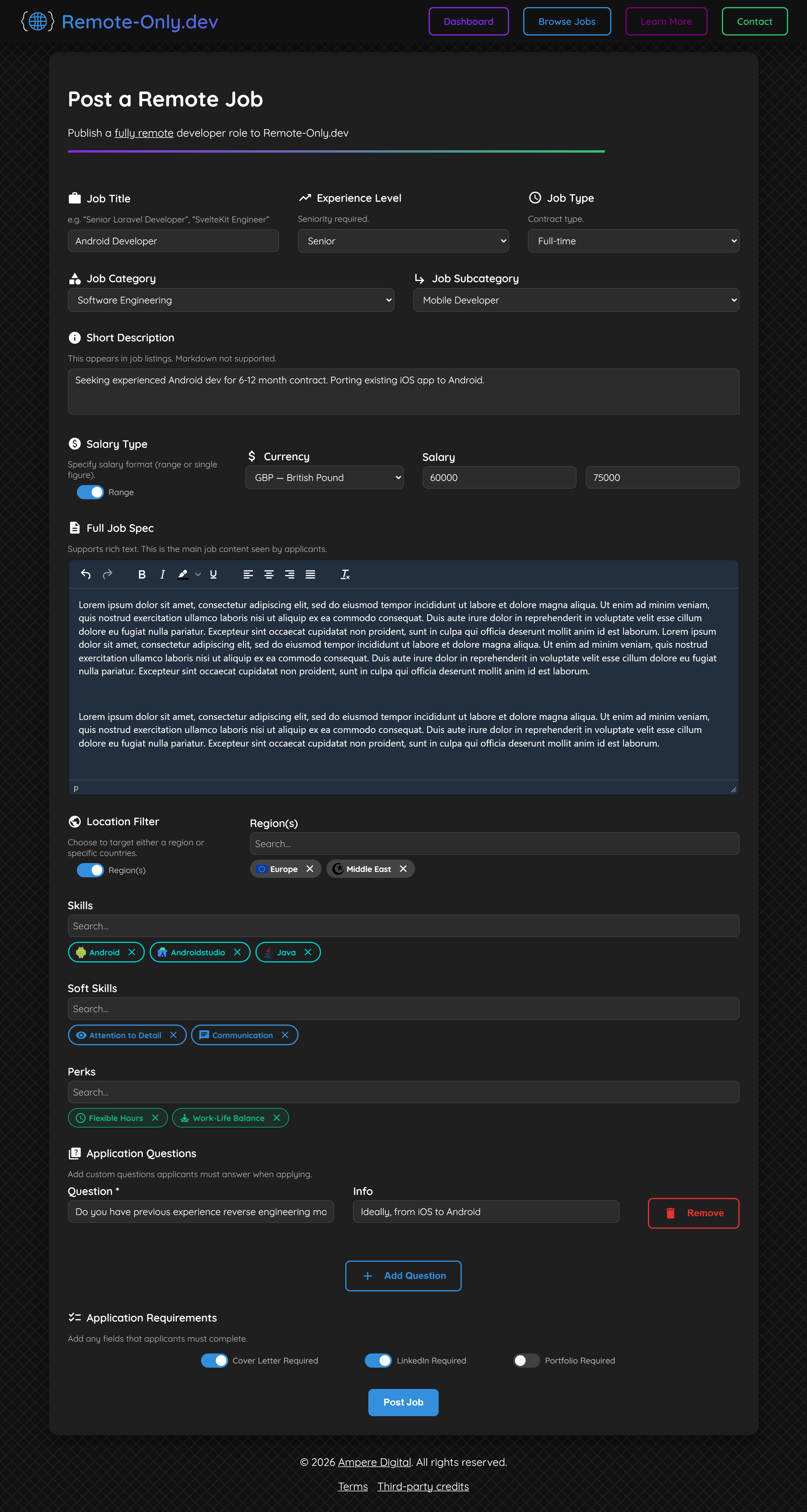 Job Creation screen for Remote-Only.dev