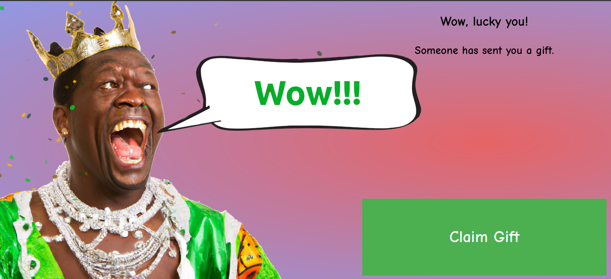 Shadeee.click landing page with Nigerian prince illustration