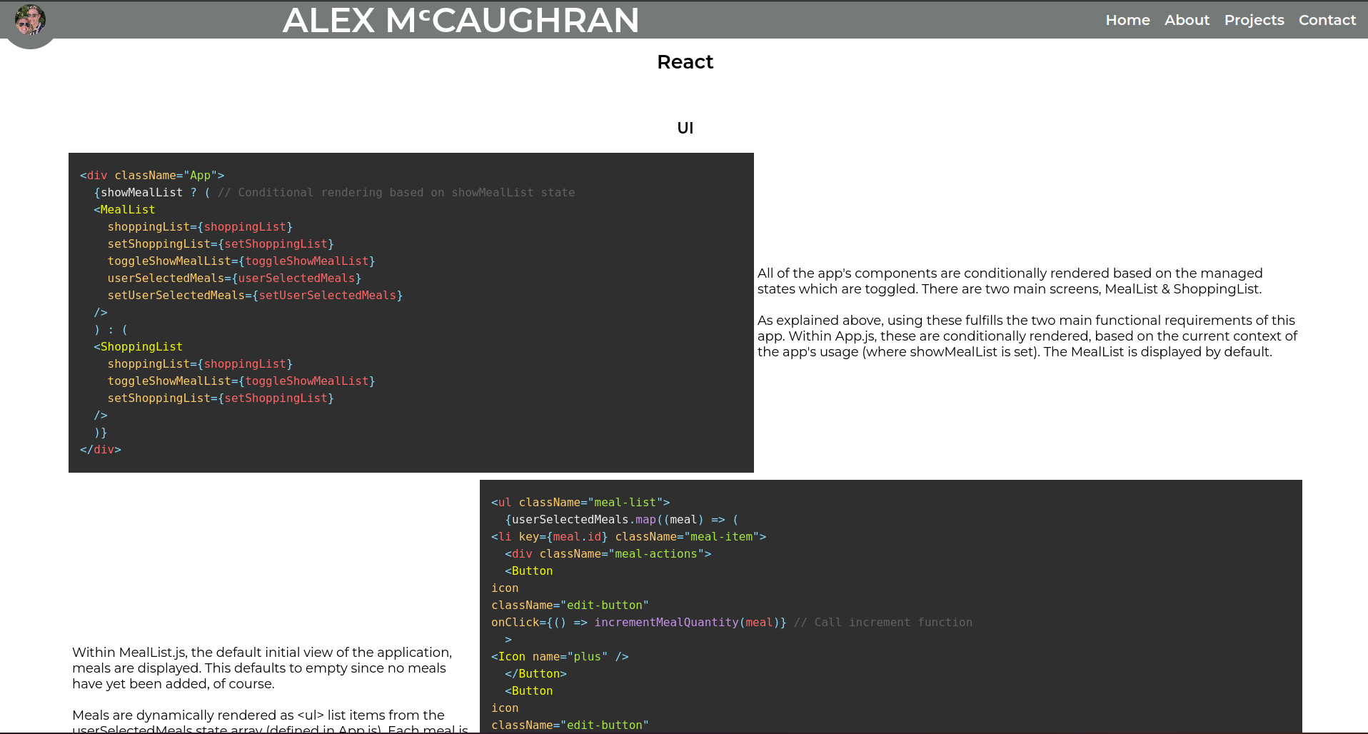 Previous portfolio site showcase code page